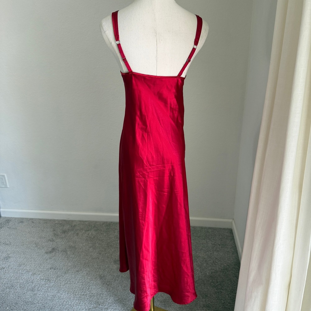 Red Satin V-Neck Slip Dress Midi Chemise Old Hollywood Glamor Boudoir Lingerie - Picture 5 of 6